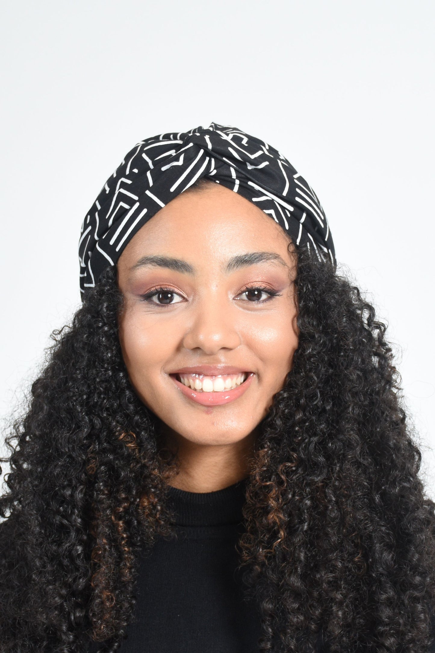 Twisted Turban in African Print Bogolan Black and White, Satin Lined