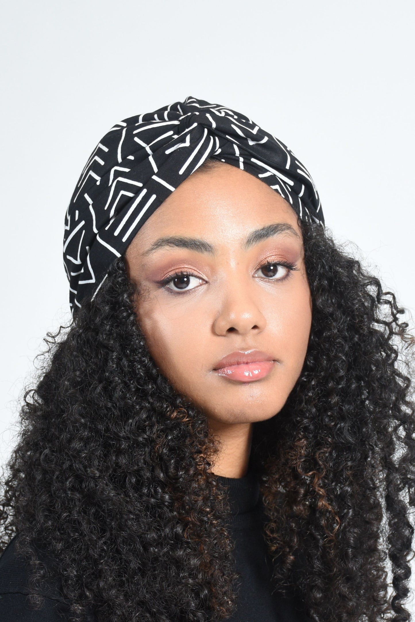 Twisted Turban in African Print Bogolan Black and White, Satin Lined