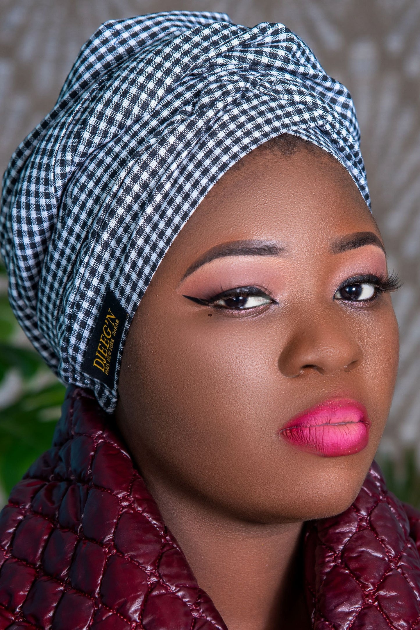 Pre- Made Turban Headwrap Easy to Wrap Black And White Checker Vichy Print By Atelier Djeeg'N