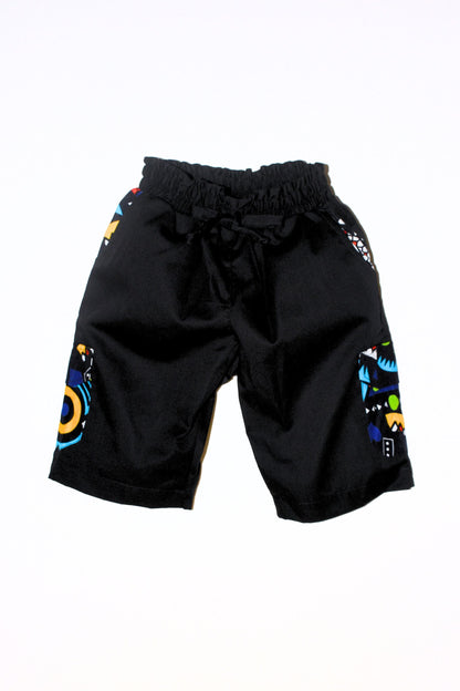 Trendy Black Cargo Bermuda Shorts with Vibrant African Print Accents for Boys