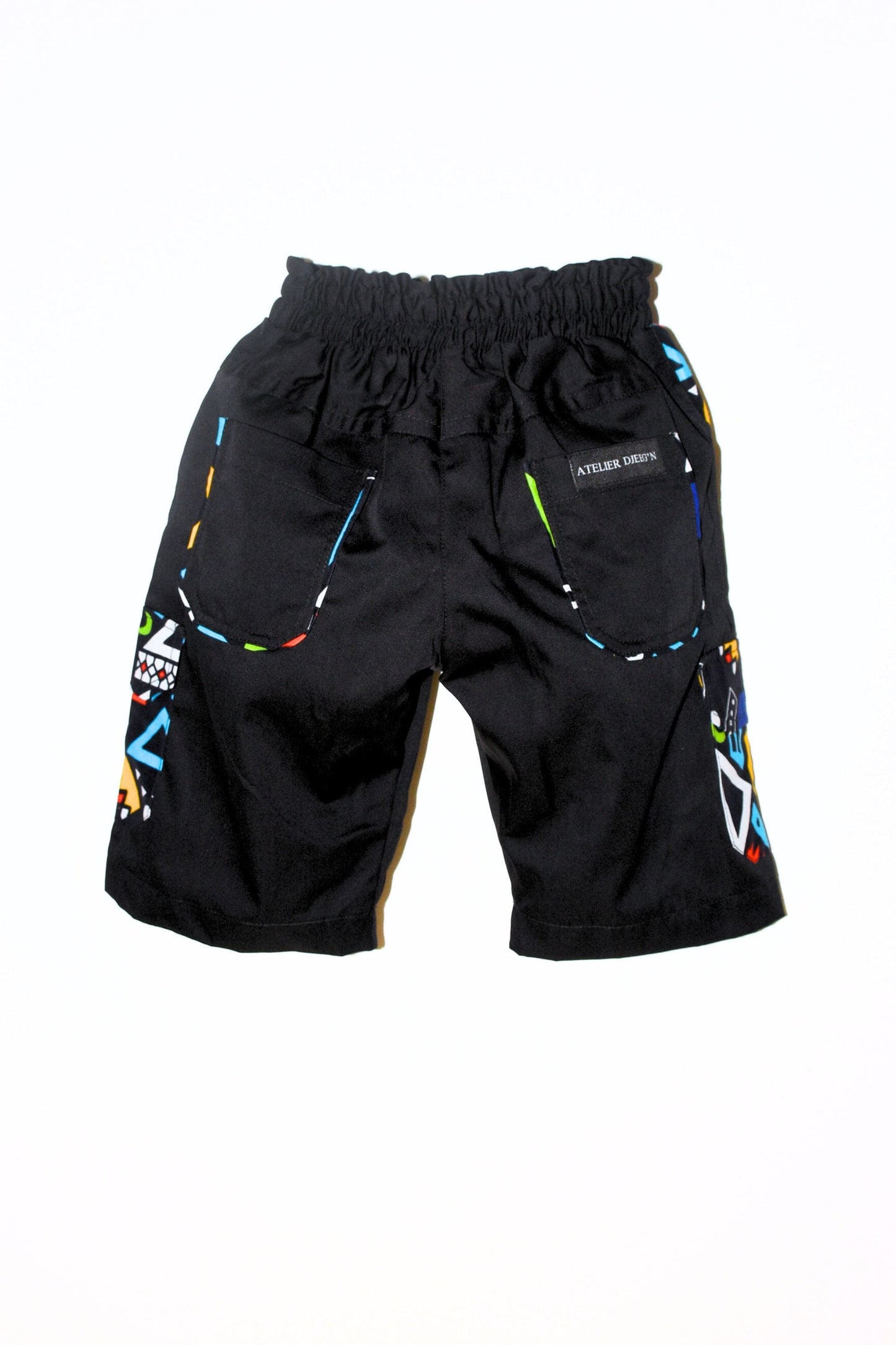 Trendy Black Cargo Bermuda Shorts with Vibrant African Print Accents for Boys