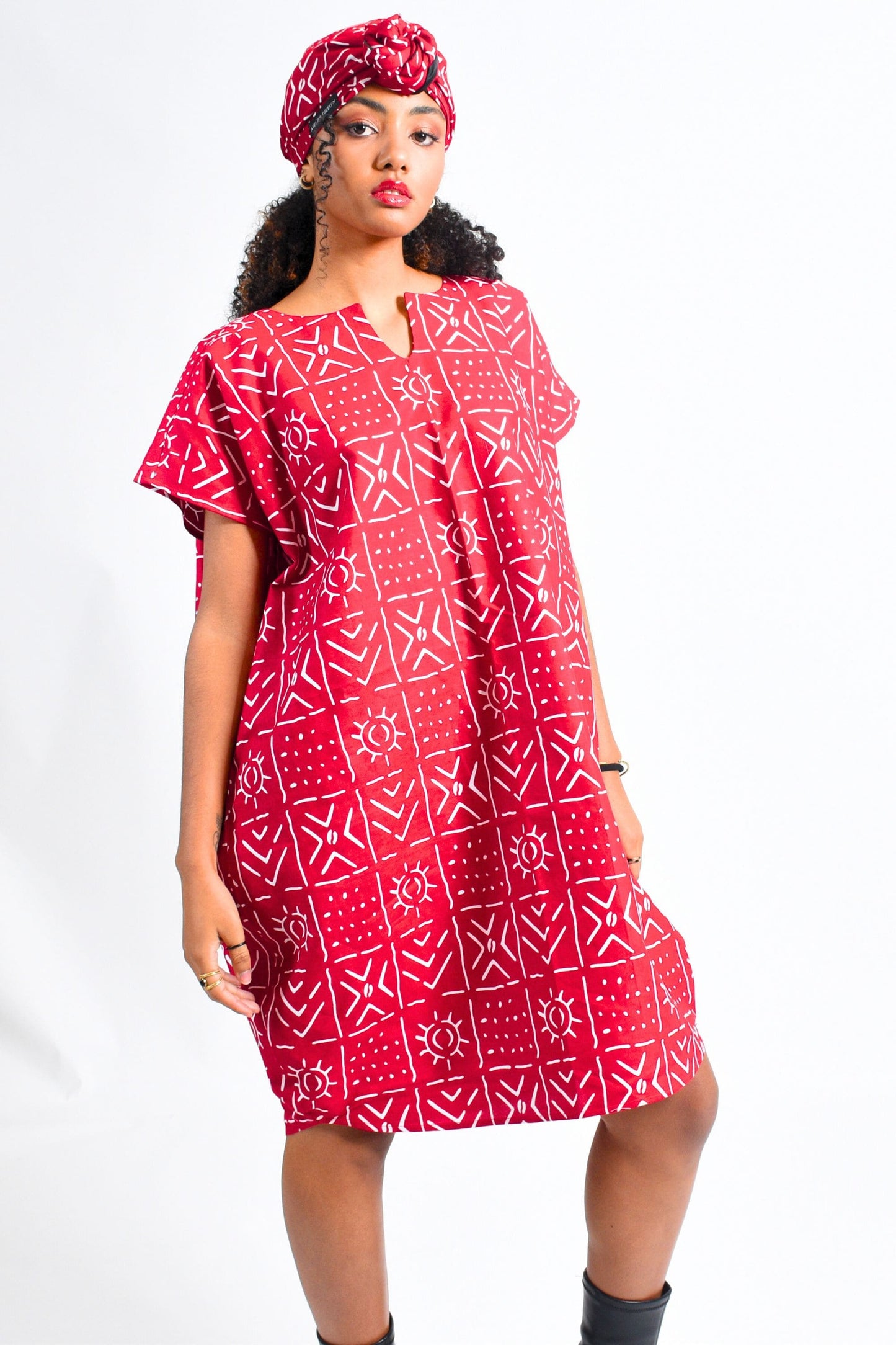 African Print Caftan Dress with Pockets- Red Bogolan Print by Atelier Djeeg'n Front