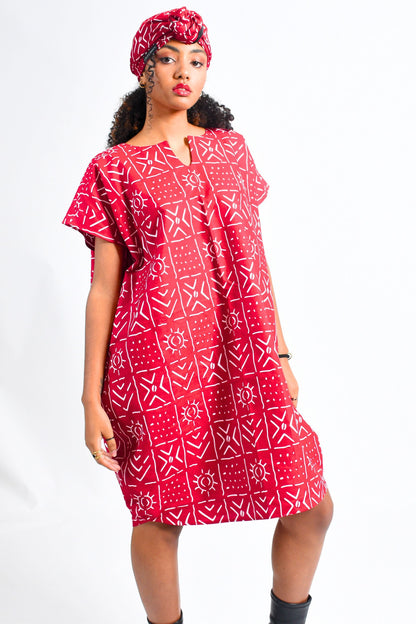 African Print Caftan Dress with Pockets- Red Bogolan Print by Atelier Djeeg'n Front