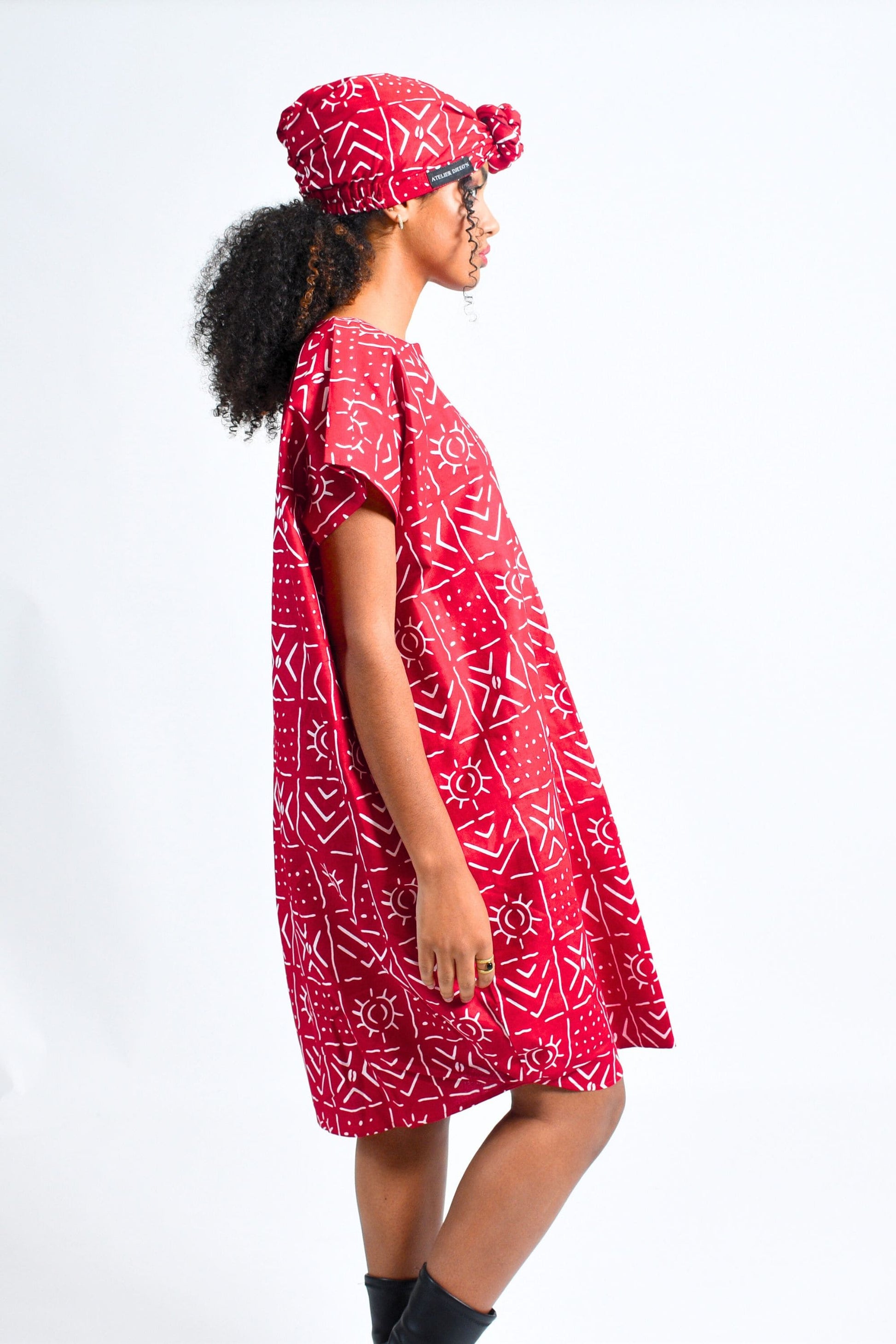 African Print Caftan Dress with Pockets- Red Bogolan Print By Atelier Djeeg'n side