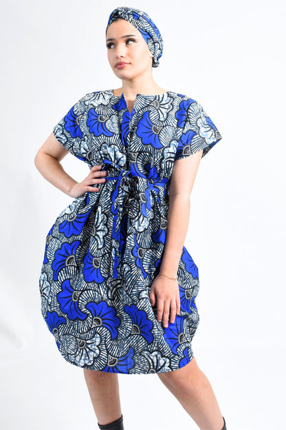 African Print Caftan Dress with Pockets- African Blue Wedding Flowers Print By Atelier Djeeg'n Side