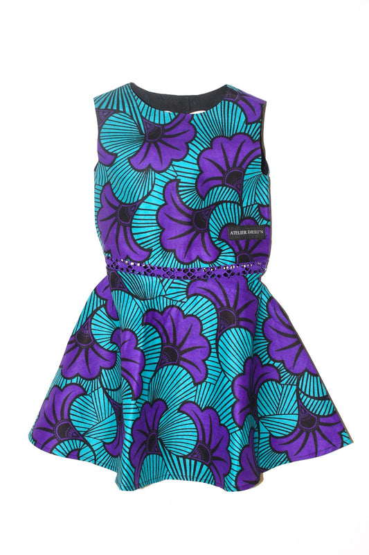 Heart Cut-Out Girl’s Dress In Vibrant African Print Purple Wedding Flowers