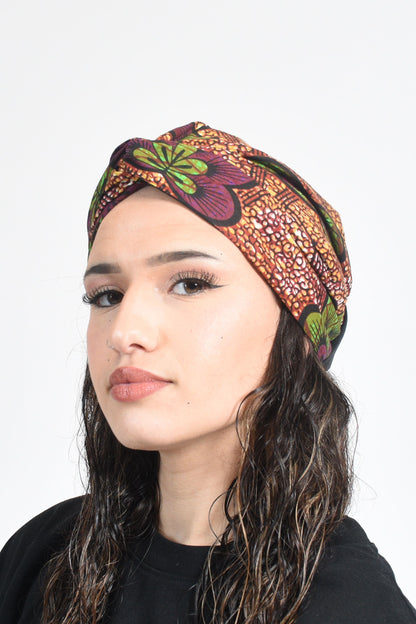 Twisted Turban in Afro flowers Print, Satin Lined