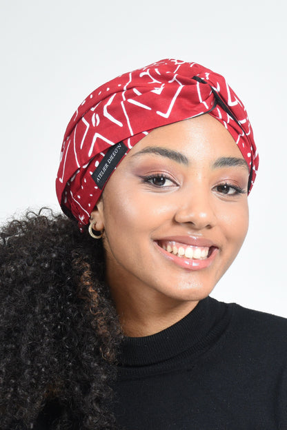 Turban torsadé en Wax Imprimé Bogolan Rouge et Blanc doublure satin par Atelier DJEEG'N 2