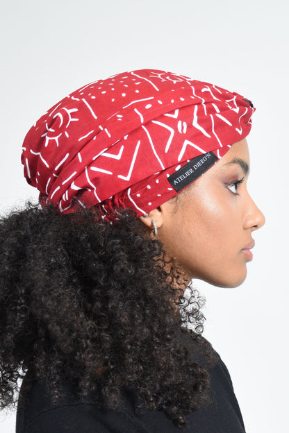 Turban torsadé en Wax Imprimé Bogolan Rouge et Blanc doublure satin par Atelier DJEEG'N 2