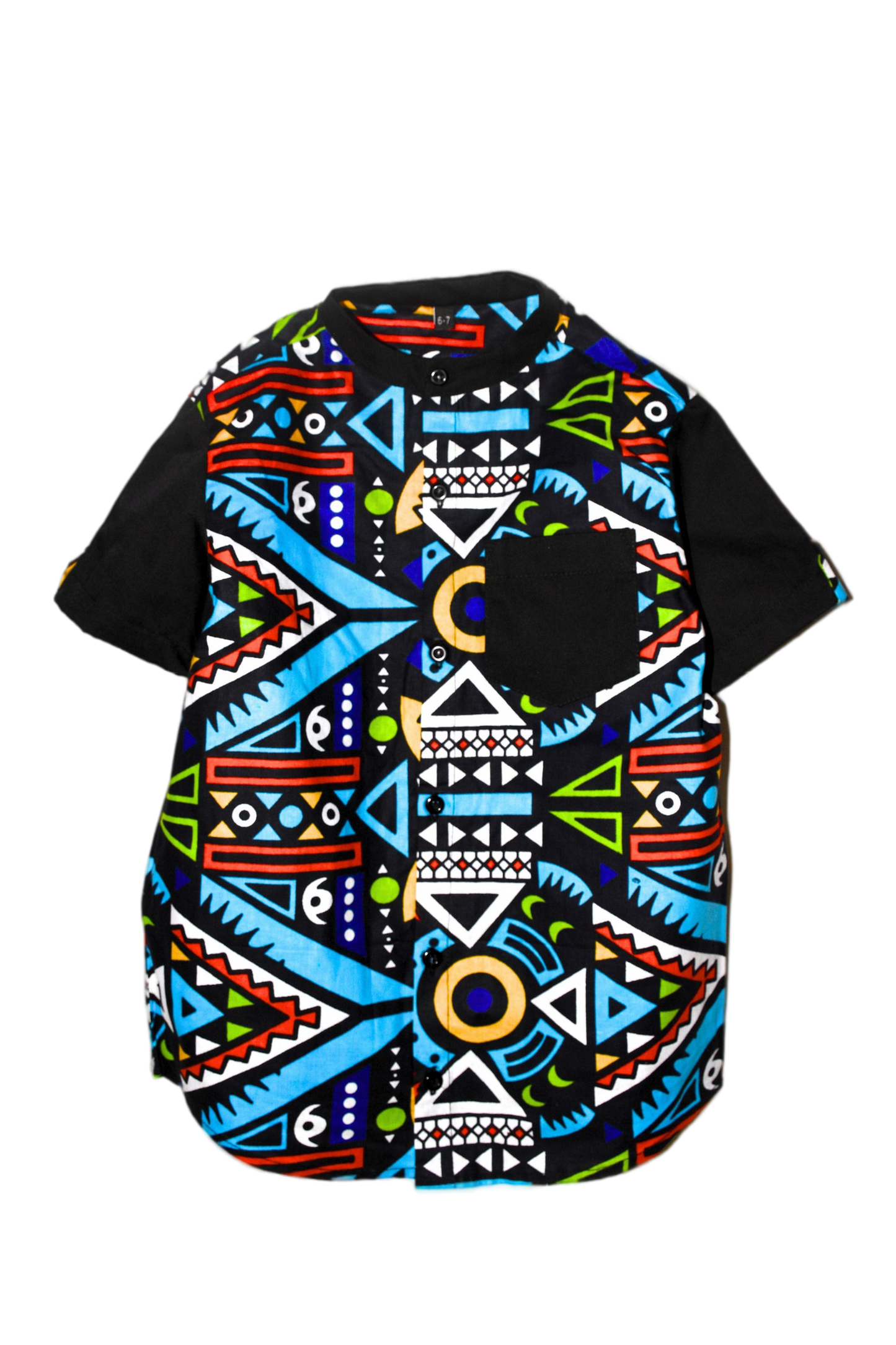 Vibrant Boys' Button Down Shirt with African Print Blue Car Rapid and Black Accents