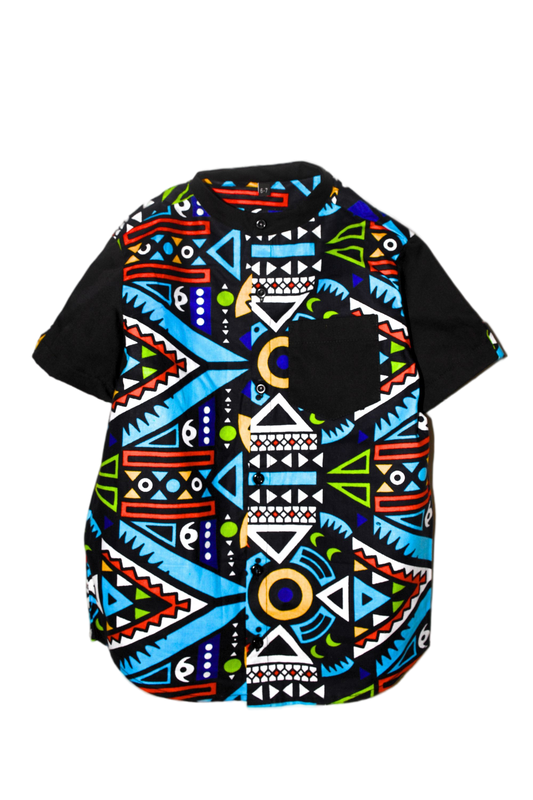 Vibrant Boys' Button Down Shirt with African Print Blue Car Rapid and Black Accents