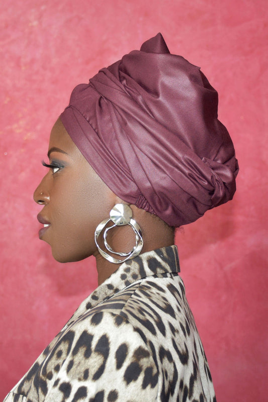 It's A Stain Lined Turban Headwrap Pre Made Esay To Wear In Red Wine color By Atelier Djeeg'N